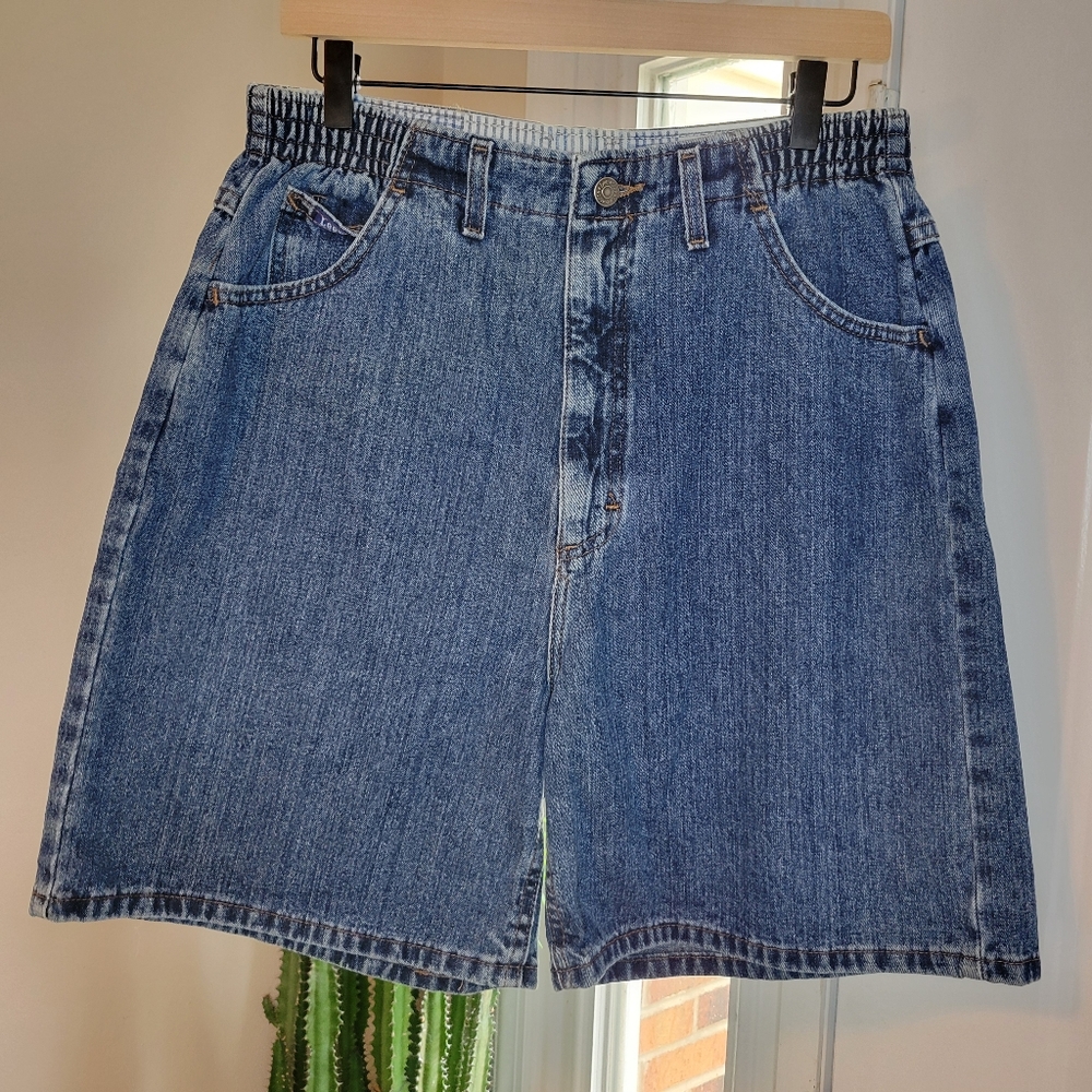 Vintage Lee Leather Patch Dark Wash High Rise 6in Inseam 90s Jean Shorts Size 14